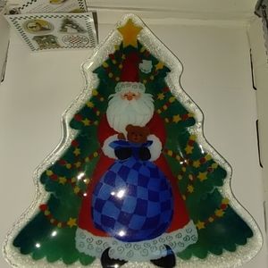 Peggy Karr Fused Art Glass Christmas Tree w/ Santa Tray Plate Original Box